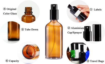 YIZHAO Amber Glass Spray Bottles 4oz, with Small Fine Mist Spray, Metal Cap, Refillable for Essential Oil,Travel,Cleaning,Perfume,Aromatherapy,Makeup – 4 Pcs - color: Amber, size: 100ml-4