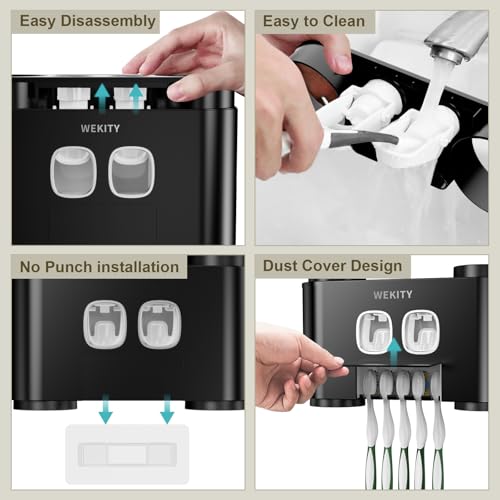 Toothbrush Holder Multi-Function Wall-Mounted, Automatic Toothpaste Dispenser & Dust-Proof Toothbrush Holder with 5 Brush Slots 4 Cups 2 Automatic Toothpaste Dispensers 1 Storage Slot (Black) - color: Black