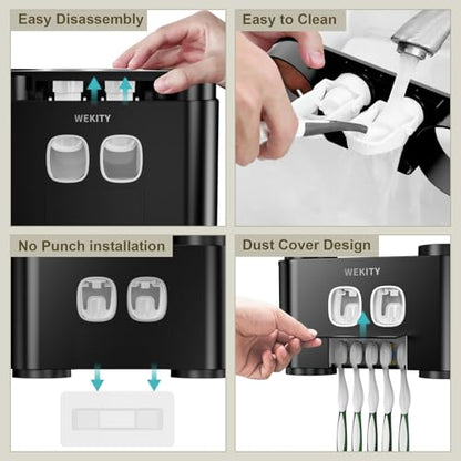Toothbrush Holder Multi-Function Wall-Mounted, Automatic Toothpaste Dispenser & Dust-Proof Toothbrush Holder with 5 Brush Slots 4 Cups 2 Automatic Toothpaste Dispensers 1 Storage Slot (Black) - color: Black