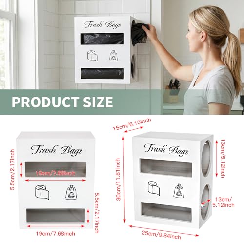 2 in 1 Trash Bag Dispenser, Double Wall Mounted,Wood Trash Bag Holder, used in kitchen, garage, laundry room, can store Environmentally friendly food bags and garbage bags (White/Large) - color: White/Large
