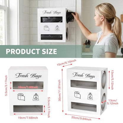 2 in 1 Trash Bag Dispenser, Double Wall Mounted,Wood Trash Bag Holder, used in kitchen, garage, laundry room, can store Environmentally friendly food bags and garbage bags (White/Large) - color: White/Large