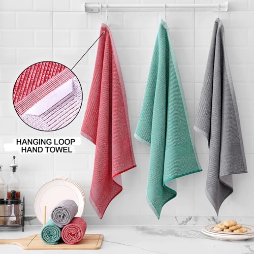 Homaxy Premium Kitchen Towels(18”x 28”, 6 Pack), Large Cotton Kitchen Hand Towels, Flat and Terry Dish Towels, 380 GSM Highly Absorbent Tea Towel Set with Hanging Loop, Grey/Red/Green - color: Grey/Red/Green, style: 6-pack
