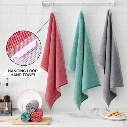 Homaxy Premium Kitchen Towels(18”x 28”, 6 Pack), Large Cotton Kitchen Hand Towels, Flat and Terry Dish Towels, 380 GSM Highly Absorbent Tea Towel Set with Hanging Loop, Grey/Red/Green - color: Grey/Red/Green, style: 6-pack