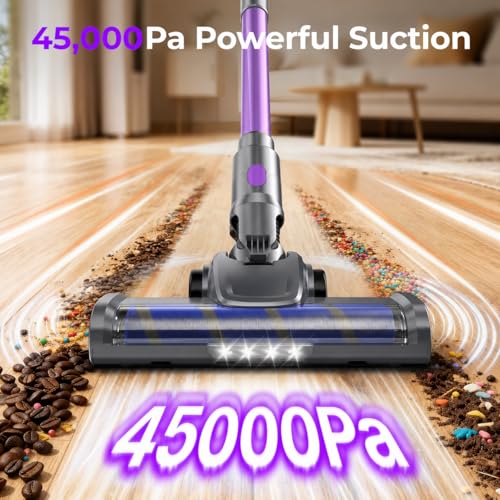 Cordless Vacuum Cleaner, 450W 45KPa Powerful Suction Stick Vacuum, Up to 50-Min Runtime, Self-Standing Pet Hair Cleaner for Home, Hard Floor & Carpet with Anti-Tangle Brush, Brushless Motor