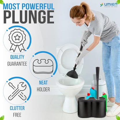 UMIEN Toilet Brush and Plunger Set 18-in - Updated 2025 No-Rust - Stainless Steel Design - Long Handles - with Freestanding Canister (Matte Black) - color: Matte Black, size: 1 pack