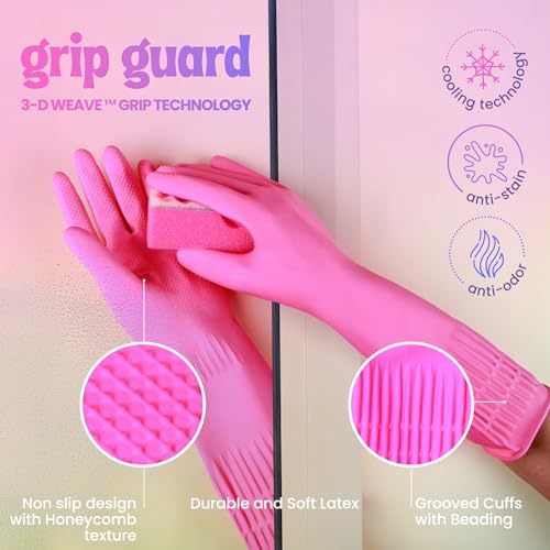 Happy Hands Rubber Cleaning Gloves – Versatile Waterproof Reusable Pink Gloves for Kitchen, Dishwashing, and Household Tasks, Hi-Tech Grip, Non-Slip, Tear-Resistant & Skin Friendly