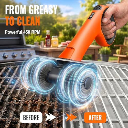 Electric Grill Brush - Dual Rotating Heads Cordless BBQ Grill Cleaner, 450 RPM Motorized Power Grill Cleaning Brush with LED Light, 6-Piece Replaceable Brush Set Safe for Most Outdoor Grill Grates