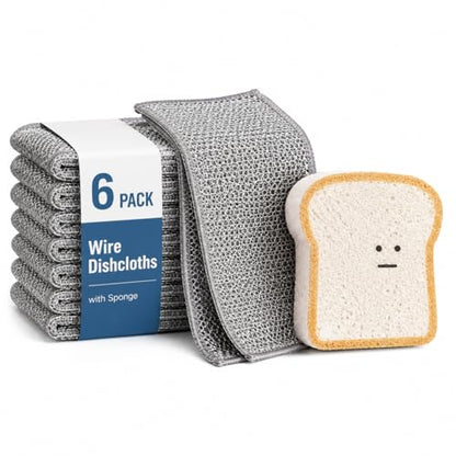 Non Scratch Wire Dishcloths 6 Pack with Kitchen Sponge | 6 wire dishcloths plus 1 sponge for dishes, pots, pans, sinks, stovetops, counters, and daily kitchen cleaning. - color: 6+1 Set