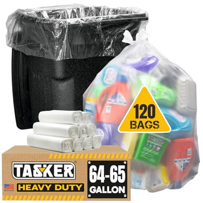 Tasker 64-65 Gallon Clear Trash Bags Heavy Duty, Recycling Bag (Huge 120 Count) 60 Gallon Clear Extra Large Recycling Garbage Bags - size: 1 Count (Pack of 120)