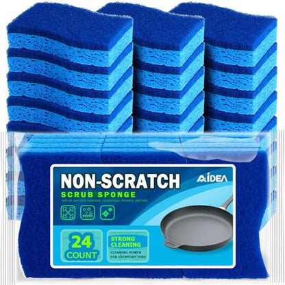 AIDEA Non Scratch Scrub Sponge, 24Count, Sponges for Dishes, Sponges Kitchen, Cleaning Sponge, Cleans Fast Without Scratching, Stands Up to Stuck-on Grime, Cleaning Power for Everyday Jobs - color: Blue