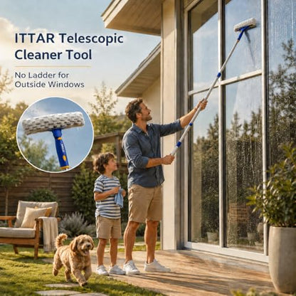 ITTAR Window Squeegee with 2 Sets Separate Pole, 12" Rubber Squeegee and 11" Microfiber Pads, 60"-73.6" Telescopic Window Cleaning Kit with Rotating Head for High Windows, Shower Glass, Car Windshield