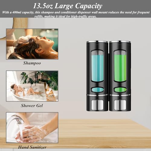 Wall Mounted Hand Soap Dispenser, 13.5oz/400ml Black Shower Pump, Clear Refillable Liquid Lotion Soap Dispenser, Gel Container Shower Pump Dispenser and Organizer for Bathroom Kitchen, 2 Chamber - color: Black