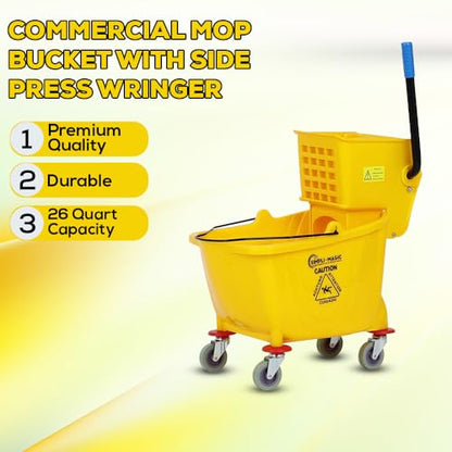 Simpli-Magic 79358 Commercial Mop Bucket with Side Press Wringer, 26 Quart, 14.75"L x 12.95"W x 19.95"H, Yellow - size: 26 Quart
