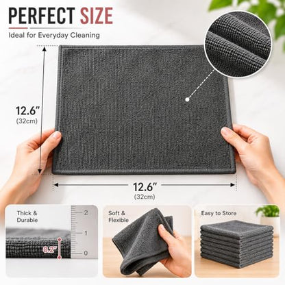 12 Pack Microfiber Cleaning Cloth, Ultra Absorbent Reusable Towels, Lint Free Streak Free Cleaning Rags for Car, Kitchen, Window, Home (Grey)