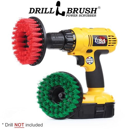 Drill Brush - Cleaning Supplies - Medium and Stiff Bristle Brush Kit - Spin Brush - Grout Cleaner - Tile, Counter-tops, Stove, Oven, Sink, Trash Can, Floors - Concrete Swimming Pools, Garden Fountains - color: Green / Red