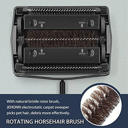 JEHONN Carpet Floor Sweeper Manual with Horsehair, Non Electric Quite Rug Roller Brush Push for Cleaning Pet Hair, Loose Debris, Lint (Black) - color: Black