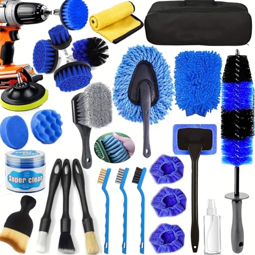 26Pcs Car Detailing Kit, Car Detailing Brush Set, Auto Detailing Drill Brush Set, Car Detailing Brushes, Car Wash Kit, Car Accessories For Men, Car Cleaning Tools Kit for Interior, Exterior, Wheels - color: Blue
