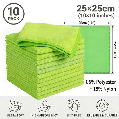 Microfiber Cleaning Cloth 10 Pack, 9.8 x 9.8 Inch Towels, Ultra Absorbent & Lint-Free, Streak-Free Rags for Car, Kitchen, Window & Household, Reusable Washable Cleaning Cloths (Green) - color: Green