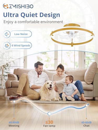 ZMISHIBO Ceiling Fans with Lights and Remote, 19.7'' Low Profile Ceiling Fan, 3000-6000K Dimmable Modern Flush Mount LED Fan Light, 6 Wind Speeds, Gold Fandelier Ceiling Fans for Bedroom - color: Gold, size: 19.7 INCH