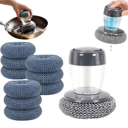 Soap Dispensing Dish Brush, Comfort Grip Kitchen Scrub Brush with Built-in Liquid Dispenser, Includes Replacement Heads, Non-Scratch Nylon/Wire Bristle, Non-Slip Handle (1 Handle, 9 Brush Heads) - color: 1 Handle, 9 Brush Heads