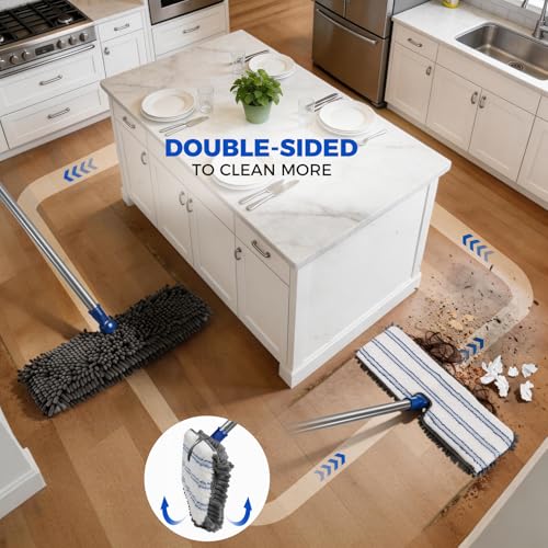 Masthome Microfiber Flat Mop, 16" Wide Floor Mop with 4 Reusable Pads & Hair Scraper, 360° Swivel Dual Sided Flip Mops, Wet Dry Dust Mop for Hardwood, Laminate, Tile, Pet Hai - color: Blue Professional
