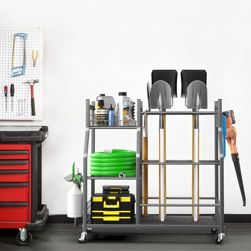 EVERHANGER Garden Tool Organizer Stand, Garage Tool Storage Organization, Yard Tool Racks with lockable wheels, Fit for Long-Handled Tools/Rakes/Brooms - size: Large