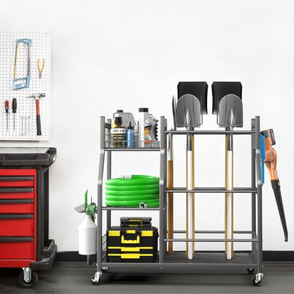 EVERHANGER Garden Tool Organizer Stand, Garage Tool Storage Organization, Yard Tool Racks with lockable wheels, Fit for Long-Handled Tools/Rakes/Brooms - size: Large