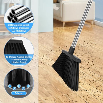 Heavy Duty Angle Broom, 55-Inch Long Handle Extra Wide 12.6 Inch Head, Stainless Steel Tube & PP Bristles for Pet Hair and Dust, Floor Safe - Black - color: Black