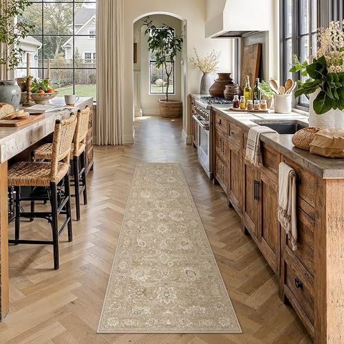 HUGEAR 2x6 Runner Rug Machine Washable Light Brown Vintage Area Rug Room Decor Hallway Rugs Distressed Low Pile Carpet Non Slip Rugs for Kitchen Laundry Living Soft Lightweight - color: Light Brown, size: 2' x 6' (Runner)