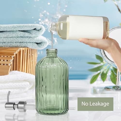 14Oz Green Soap Dispenser Bathroom - 2 Pack, Clear Glass Hand Soap Dispensers with Stainless Steel Pump, Refillable Dish Soap Dispenser for Kitchen, Countertop Soap Dispensers - color: Green (2-pack)