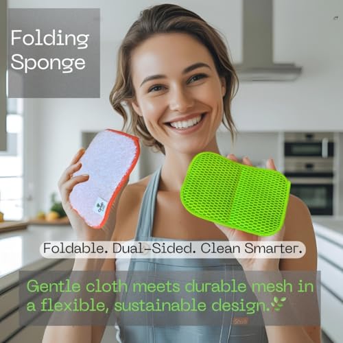 Foldable Dish Sponge – Thin Dual-Sided with Mesh Scrubber and Rayon derived from Bamboo Reusable Non-Scratch Kitchen Sponge for Multi-Surface Cleaning, 6 Pack
