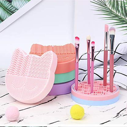 Silicon Makeup Brush Cleaner Mat with Brush Drying Holder Brush Portable Cat Shaped Cosmetic Brush Cleaner Pad cleaning mat manual make up brush cleaner cleanser machine(New Lavender) - color: New Lavender