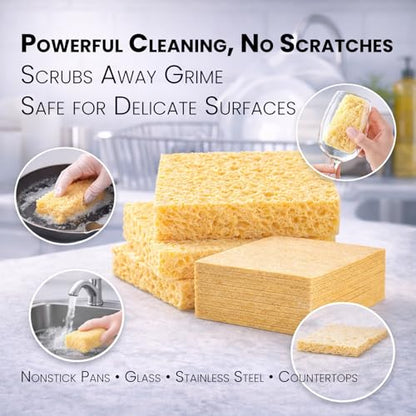 Mistifi Compressed Cellulose Sponges, Natural Plant-Based Kitchen Sponges, Super Absorbent Non-Scratch Cleaning Sponge for Dishes, Counters, Bathroom & More – Reusable Dish Sponges (6 Pack)