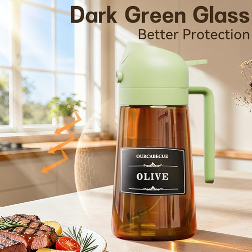 OURCABECUE 2 in 1 Olive Oil Sprayer for Cooking, 16oz Olive Oil Dispenser Bottle for Kitchen, Light-Blocking Dark Glass Oil Bottle, Food-Grade Oil Mister with 8 Oil Stickers (Brown Bottle-Green Cap) - color: Dark Brown and green