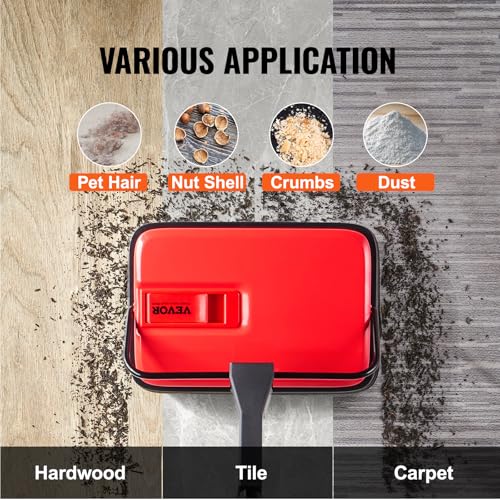VEVOR Carpet Sweeper Manual, Floor Sweeper with 300 ml Dustbin Capacity Easy to Empty, 6.7 inch Cleaning Width for Home Office Carpets Pet Hair Dust, Red - color: Red