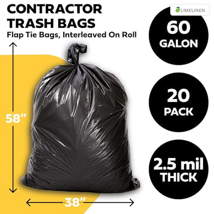 Lime Linen 60 Gallon Heavy Duty Contractor Xl Black Garbage Bags | Industrial, Construction & Yard Waste | Tear Resistant | 20 Pack, Extra Thick 2.5 Mil, Tie Bags, Interleaved On Roll Secure Closure - color: 60 Gallon, size: 1 Count (Pack of 20)