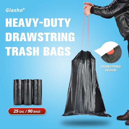 25 Gallon Trash Bags with Drawstring, 90 Count, Black | Heavy Duty, Large Capacity, Strong Plastic Liners Garbage Bags for Kitchen, Yard, Industrial, Commercial