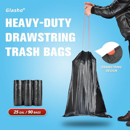 25 Gallon Trash Bags with Drawstring, 90 Count, Black | Heavy Duty, Large Capacity, Strong Plastic Liners Garbage Bags for Kitchen, Yard, Industrial, Commercial