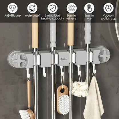 Broom Holder Wall Mount Sturdy Mop and Broom Organizer with 4 Racks and 5 Hooks Vacuum Suction Cup Broom Mop Holder for Home, kitchen, Garden, Tools, Garage (grey) - color: Grey