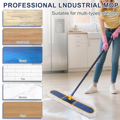 KeFanta 36" Commercial Dust Mops for Floor Cleaning,Industrial Dry Wet Mop with Heavy Duty Long Handle,2 Large Cotton Washable Mop Pads,for Hardwood,Tile,Concrete,Laminate,Garage Floors(Blue) - size: 36" Commercial Dust Mop + 2 Pads