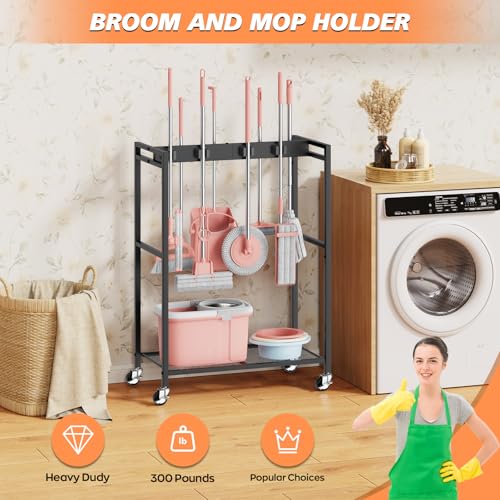 Broom and Mop Holder, MUNNAR Broom Closet Storage Cabinet, Cleaning Cart with Broom and Mop Hanger, Janitorial Cart with Wheels for Household, Laundry Room Organization - size: 24.8" x 13" x 34.2"