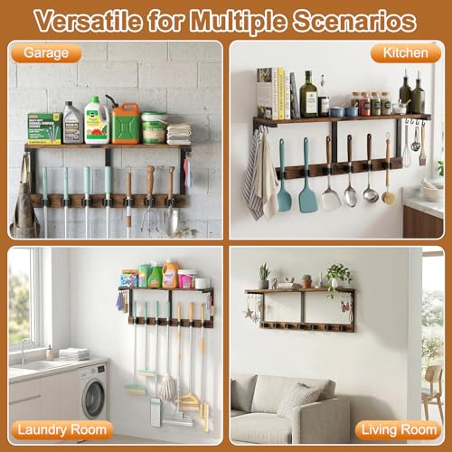 Housolution Broom Holder Wall Mount with Cleaning Supplies Organizer, 100 LBS High Load-Bearing Laundry Room Storage Shelves, Multifunctional Mop Hanger Rack with 7 Grippers & 8 Hooks - size: 7 Grippers with 1 Tier Shelf