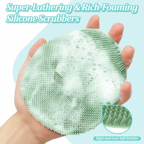 Silicone Back & Face Scrubber & Bath Glove Set 3PCS, 13.4'' Gentle Back Scrubber with Dual-Side Head, 360° Anti-Slip Bath Glove, Unique Side-bristled Face Scrubber for All-round Cleaning(Green) - color: Green*3