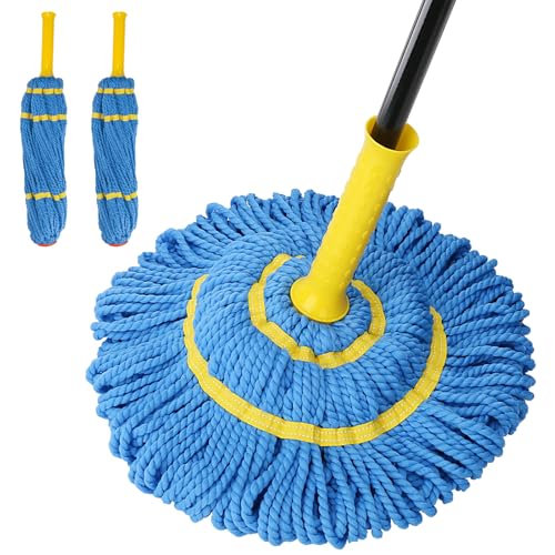 Self-Wringing Twist Mops with 1 Extra Refill, Microfiber Mops for Floor Cleaning with 57 " Long Handle, Easy Wringing Floor Mop for Hardwood Commercial Household Clean (1 Handle & 2 Mop Heads) - color: Blue (1 Handle & 2 Mop Heads)