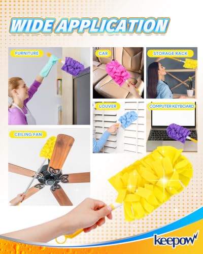 KEEPOW 4+1 Pcs Pads Compatible with Swiffer Reusable Pads with Handle Set | Reusable Fleece Duster Kit With Handle, Washable Pads For Efficient Home Cleaning And Multi-Surface Dust Removal - color: 1yellow+1blue+1purple+1rose Red, size: 4+1 Pack(with hand