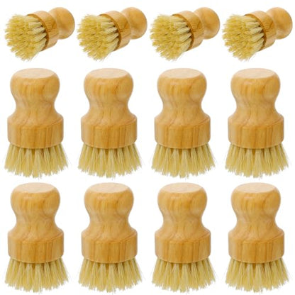 12 Pcs Bamboo Dish Scrub Brushes with Natural Sisal Bristles for Cleaning Pots, Pans, Dishes, Sink, 3.14x2.17 Inches