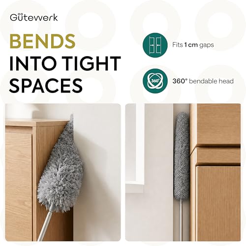 Gütewerk Extendable Microfiber Duster, 55 Inch - Feather Dusters for Cleaning Ceiling Fans, Blinds, Baseboards & High Ceilings - Washable, Electrostatic, 360° Bendable Head, Stainless Steel Pole - color: Gray, size: up to 55 inch