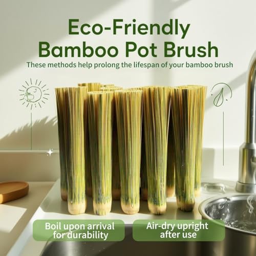 2-Pack Natural Bamboo Cleaning Brush Set Heavy Duty Wok Scrubber for Cast Iron Pans, BBQ Grills & Pots Stubborn Stain Remover, Kitchen Scrub Brush
