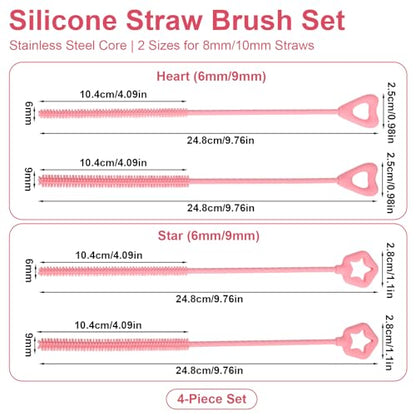 Penitue 4pcs Silicone Straw Cleaner Brush, 6mm/0.24in + 9mm/0.35in Reusable Extra-Long Cleaning Brush for 8mm/0.31in and 10mm/0.39in Metal & Glass Drinking Straws Dishwasher Safe (Pink, Star & Heart)