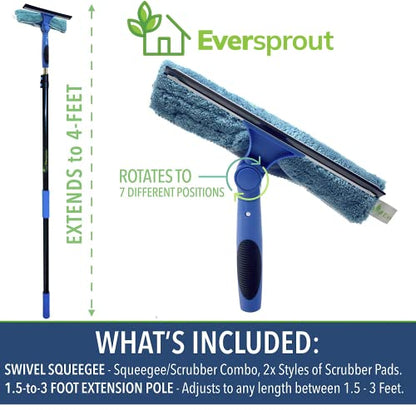 EVERSPROUT 1.5-to-3 Foot Swivel Squeegee and Microfiber Window Scrubber (8-10 Ft Standing Reach) | 2-in-1 Window & Glass Cleaning Combo | Lightweight, Aluminum Extension Pole | Includes 10-inch Blades - size: 3 feet - With Pole